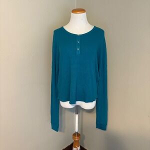 Bobi Los Angeles NWT Drop Shoulder Henley Waffle Thermal Tee Teal Blue Large